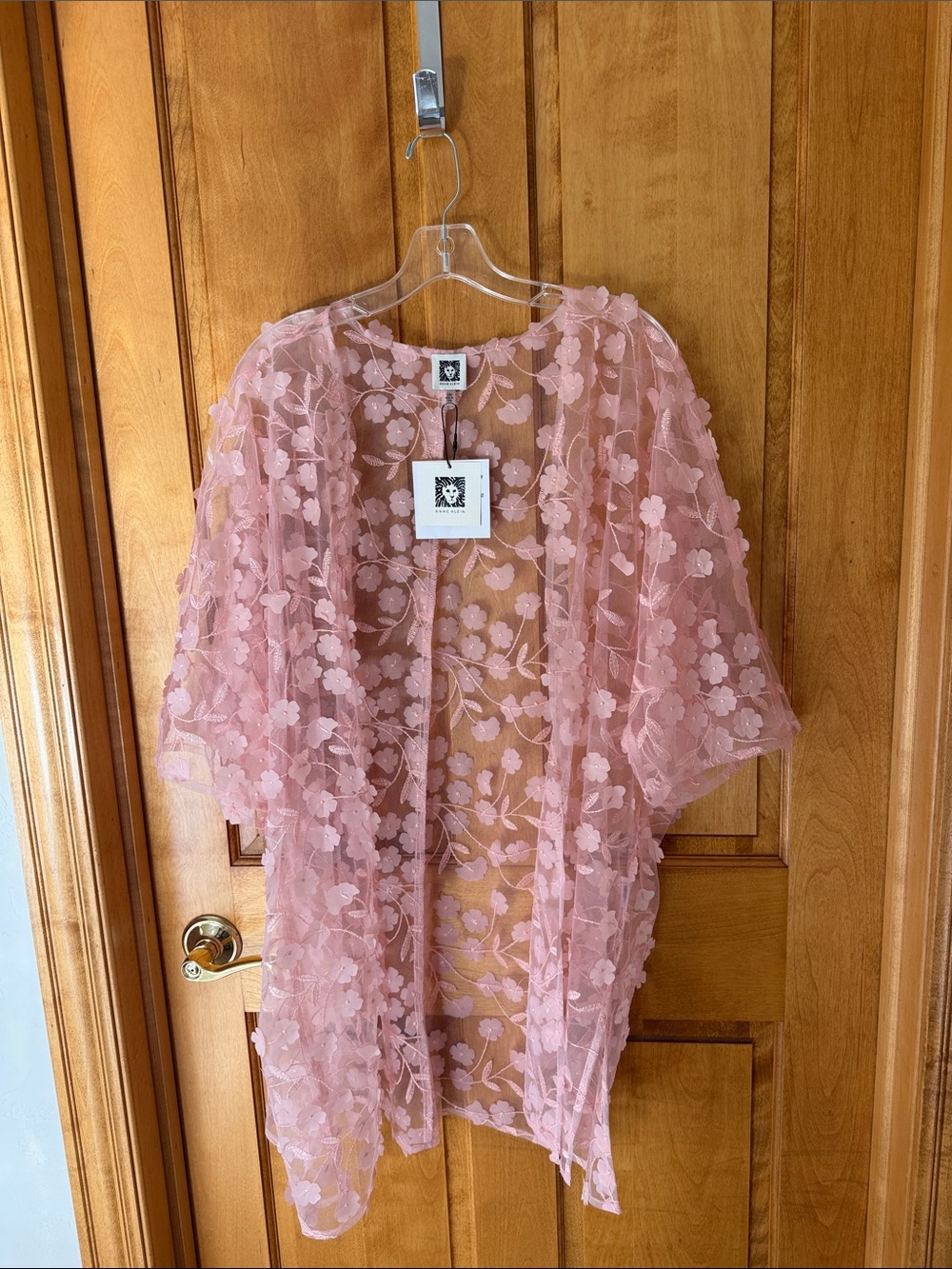 Anne Klein Sheer Pink Floral Lace Kimono